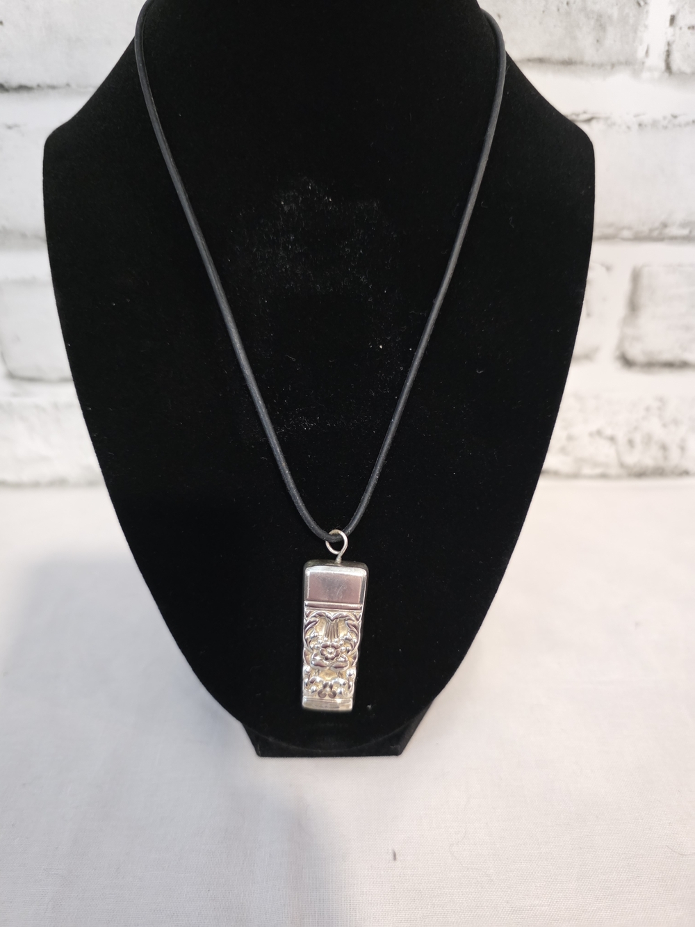 Silver Floral Rectangular Bell Pendant Necklace with Black Cord